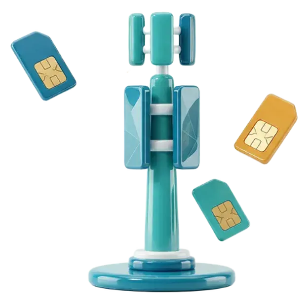 Illustrazione 3D di un'antenna di telefonia con tre SIM colorate